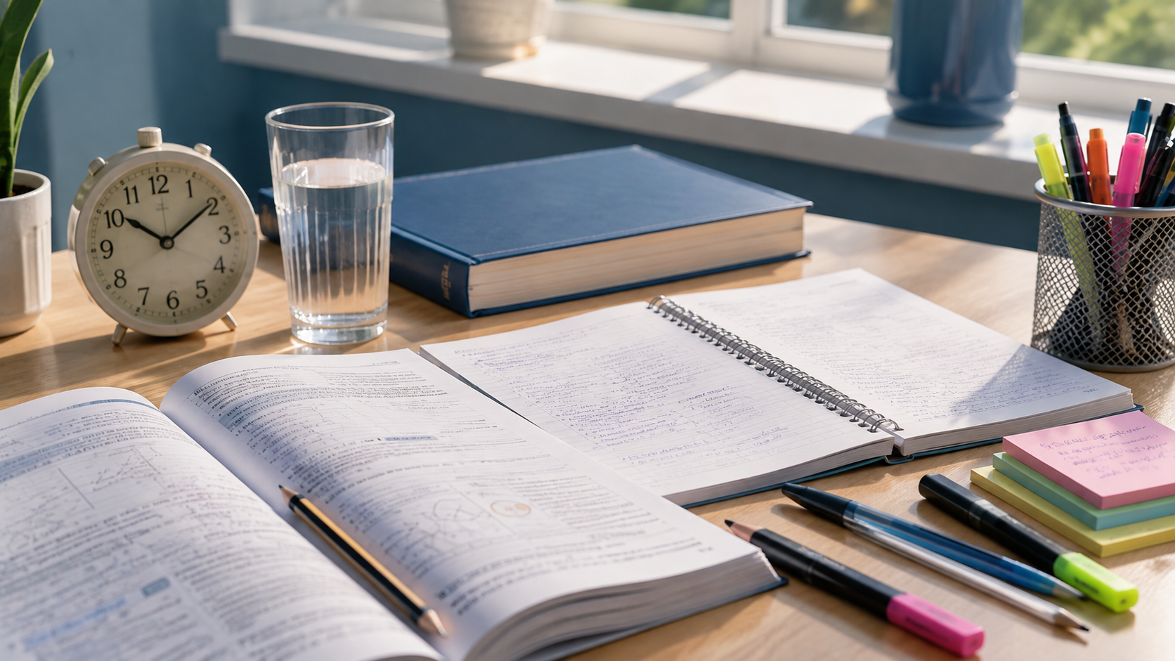 Exam preparation materials on a study desk