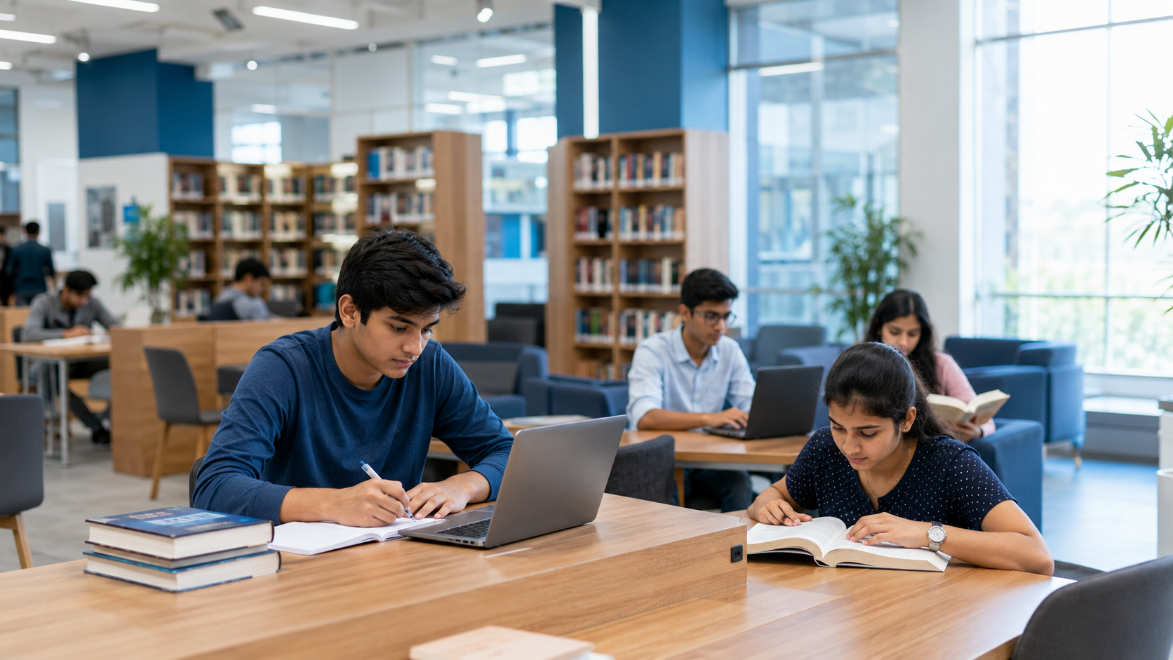Students studying inside a modern library